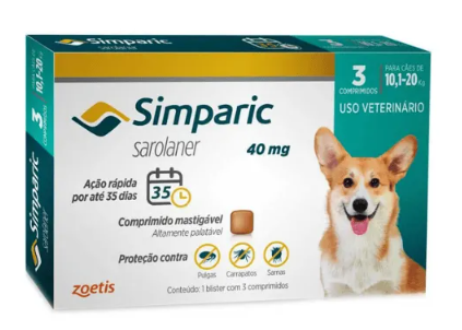 Antipulgas e Carrapatos Simparic 40mg - 10,1 a 20kg - com 3 Comprimidos
