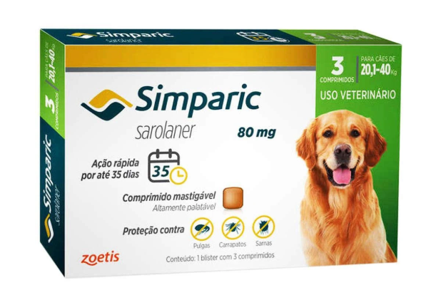 Antipulgas e Carrapatos Simparic 80mg - 20,1 a 40kg - com 3 Compromidos