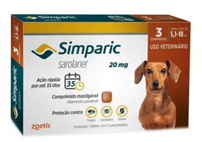 Antipulgas e Carrapatos Simparic 20mg - 5,1 a 10kg - com 3 Comprimidos