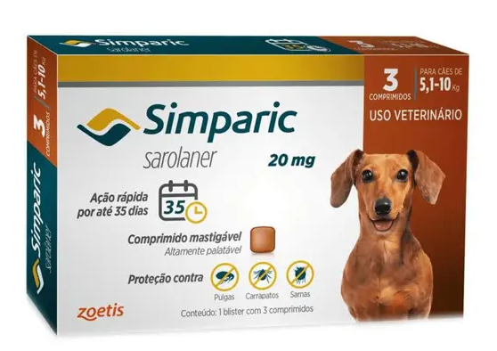 Antipulgas e Carrapatos Simparic 20mg - 5,1 a 10kg - com 3 Comprimidos